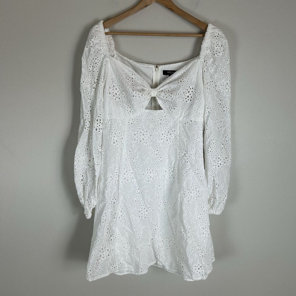 Sz 14 XL White Eyelet Dress Cut Out Bridal Mini Floral Puff Garden Party Resort